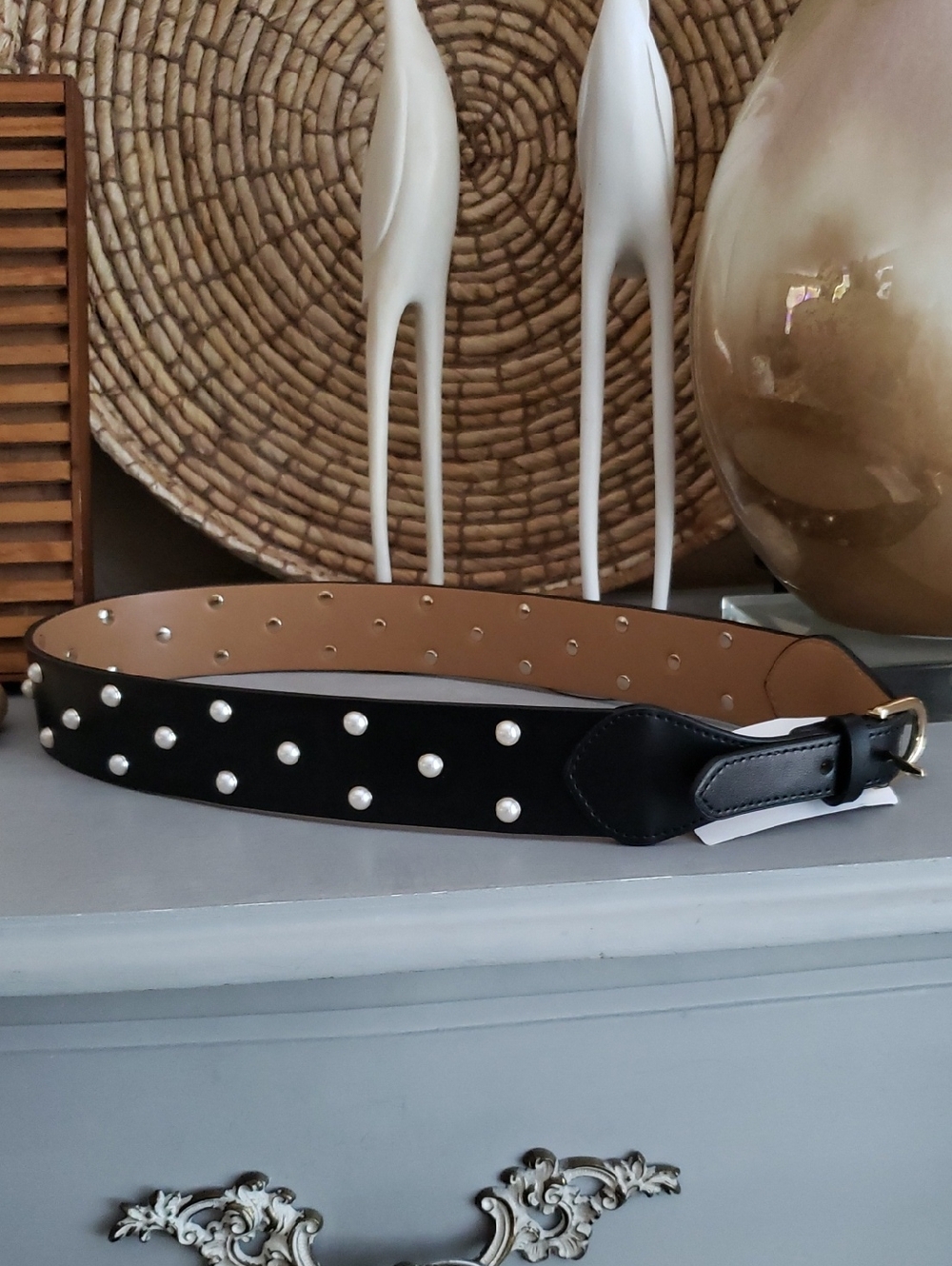 Black Pearl-Studded Wide Leather Belt